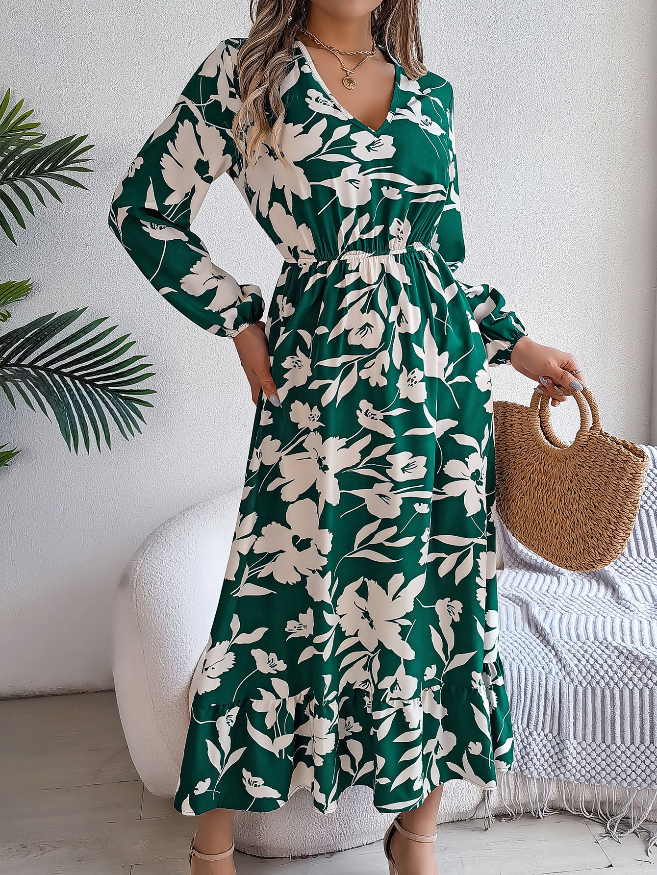 Dame Casual Blomstret Slå Om-kjole Med Lange Ærmer Og Flæser