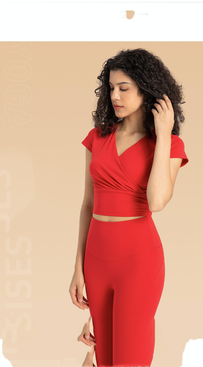 Nylon Cross Pleated Sexy V-neck Sports Short Sleeve With Chest Pad