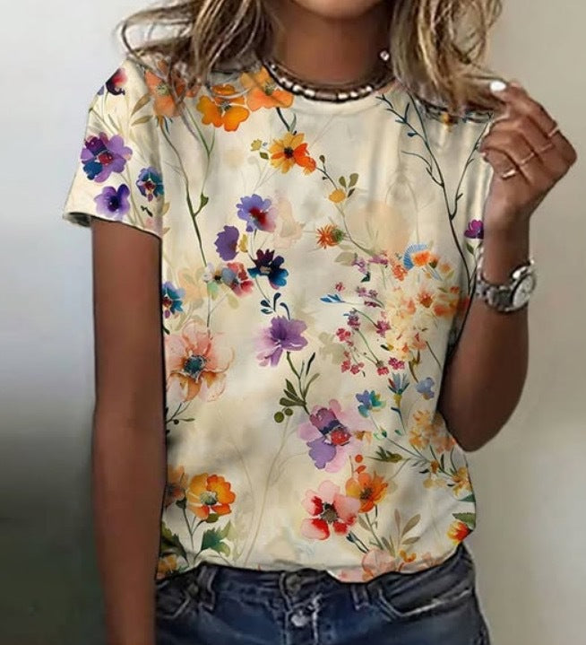 Dame T-shirt med rund hals og korte ærmer med 3D-blomsterprint