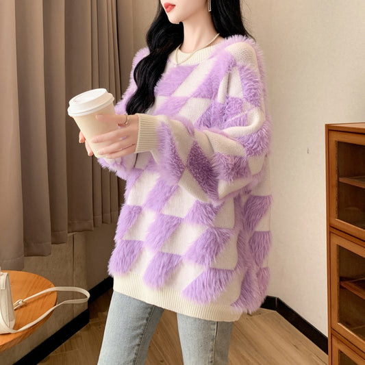 Design Rhombus Flocking Crew Neck Pullover Sweater Women