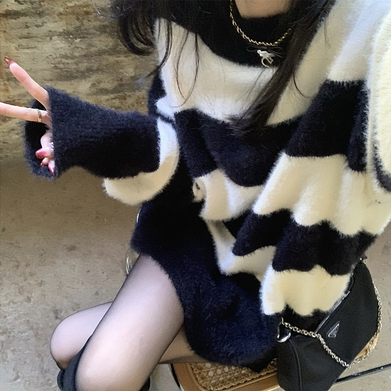 Retro Loose Thick Idle Style Soft Sticky Striped Sweater