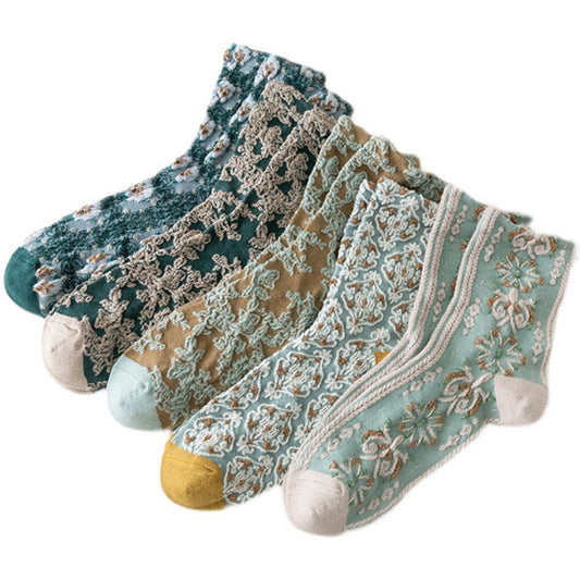 Palace Style Green Middle Tube Retro Autumn And Winter Socks Women