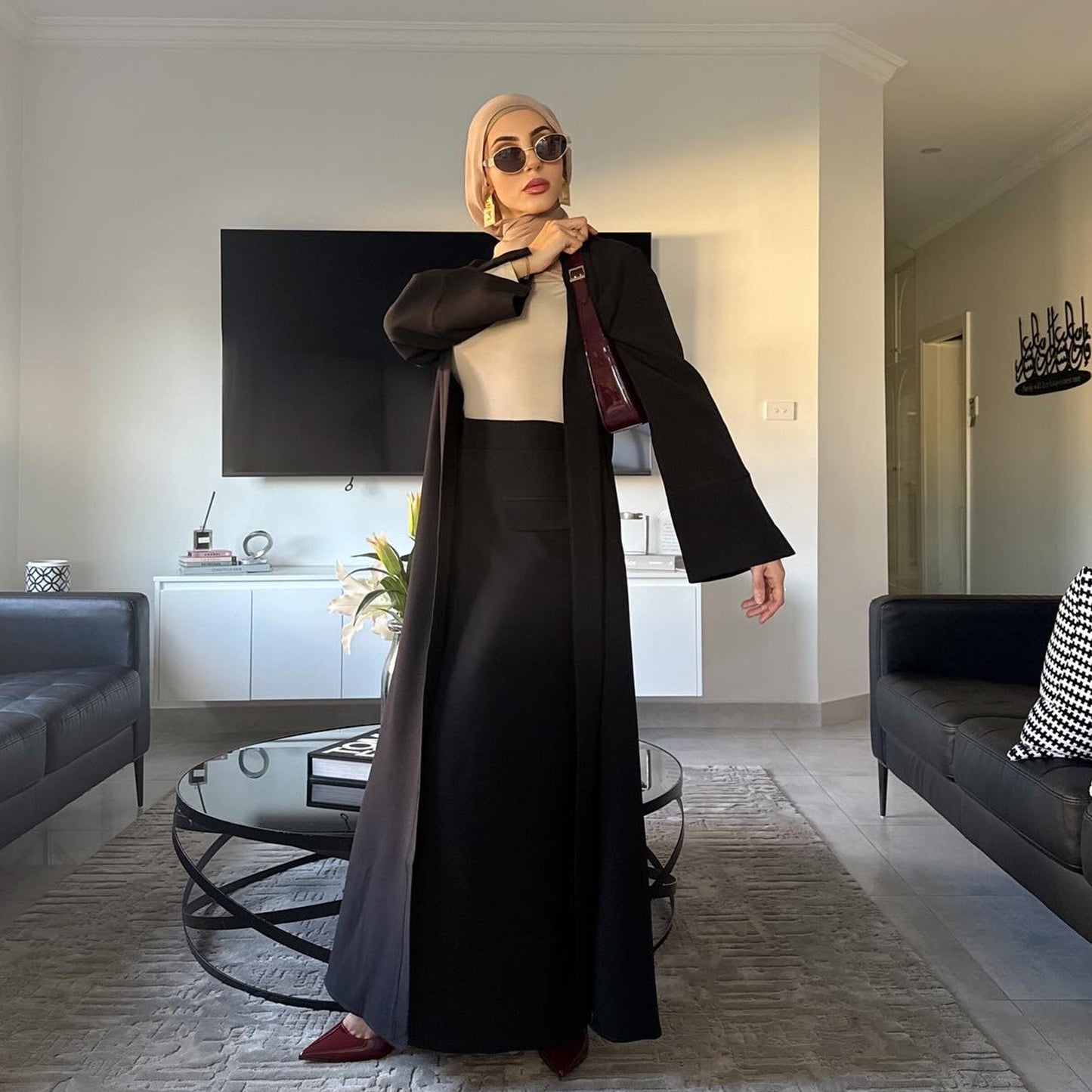 Dubai Fashion Solid Color Cardigan Skirt Two-Piece Set