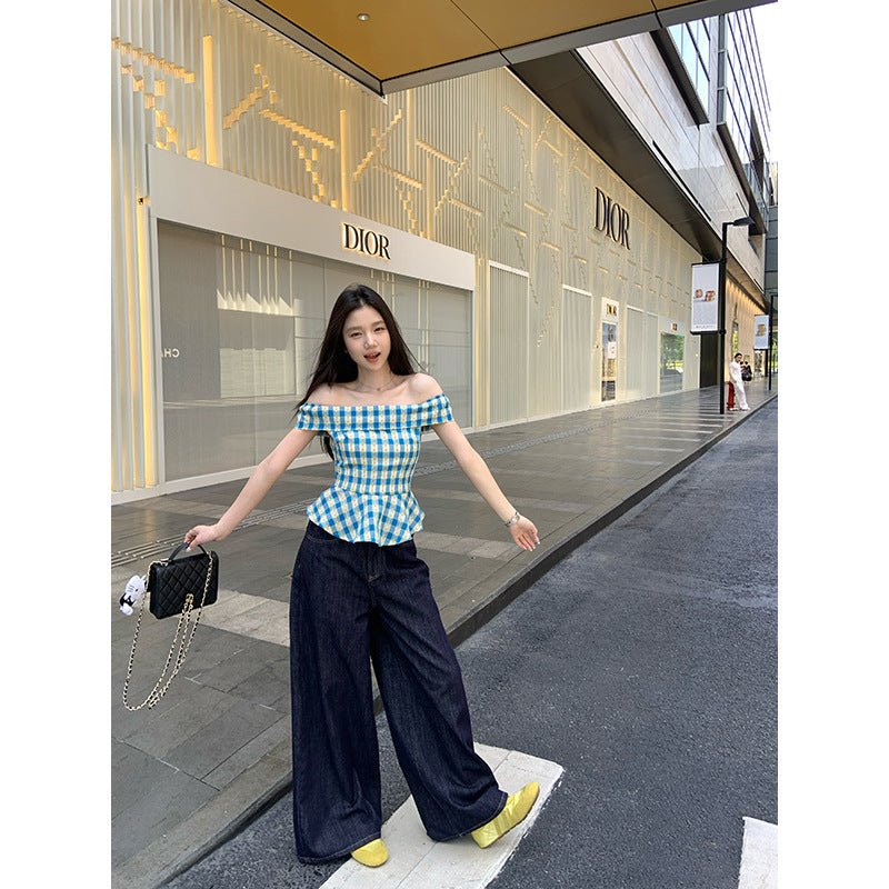 Off-shoulder Blue Checkered Short Sleeve Shirt Women's Summer Short Style