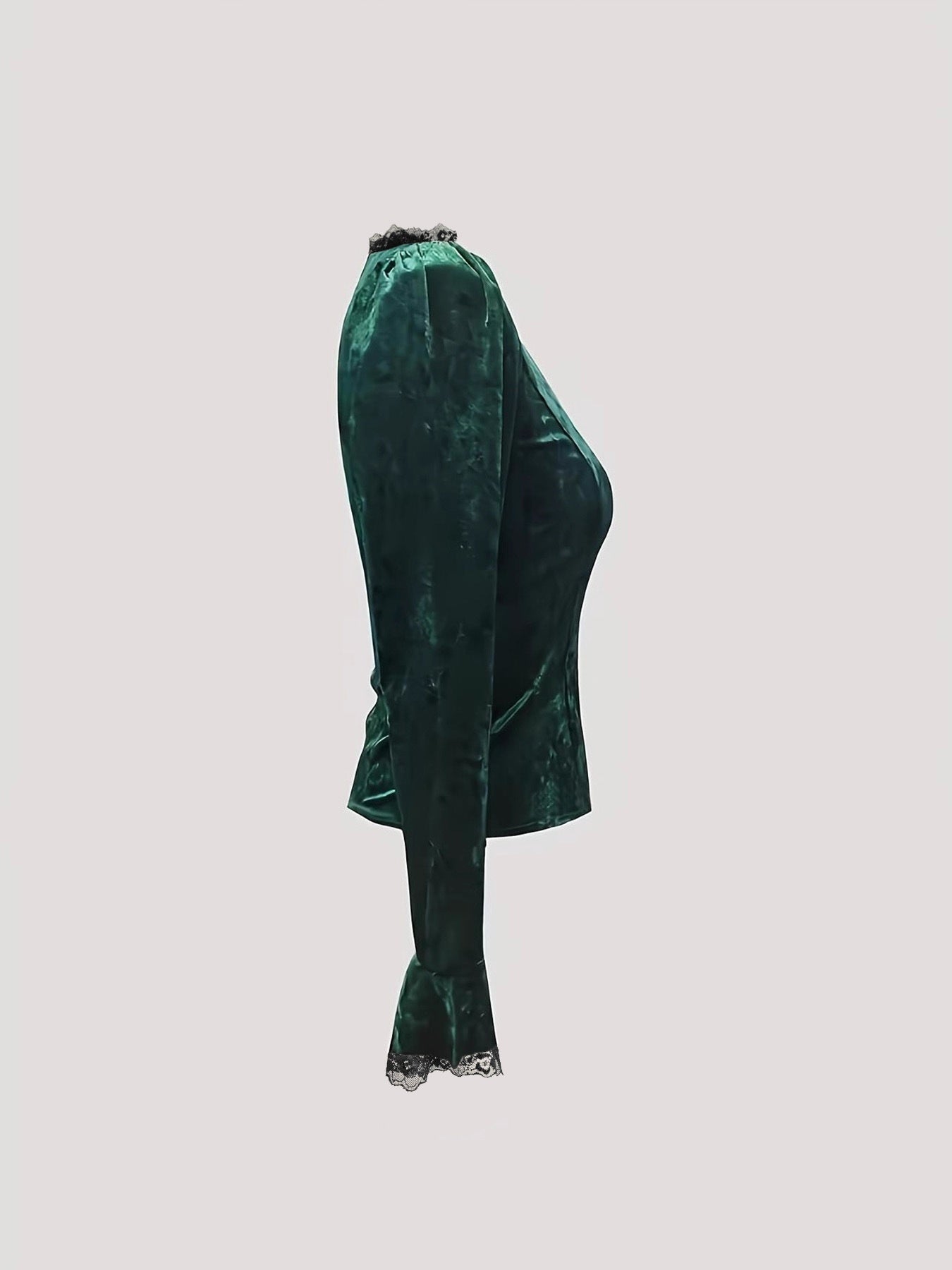 Elegant Sophisticated Solid-color Lace-trimmed Long-sleeve Top With Panel Detailing