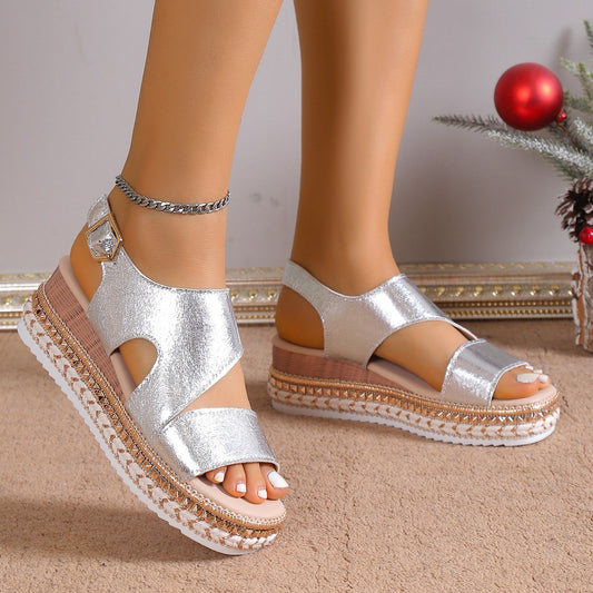 European And American Plus Size Peep Toe Wedge Sandals Round Toe Elastic Band High Heel Sandals Women's Loose High Silver Roman Sandals Women