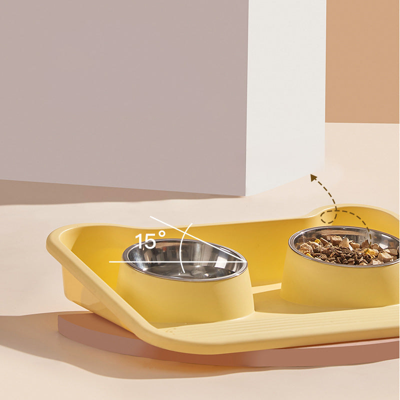 Katte, hunde og madskåle, nakke-beskyttelse, lækagesikker, rustfrit stål, skrå dobbelt madskål, kæledyrsprodukter