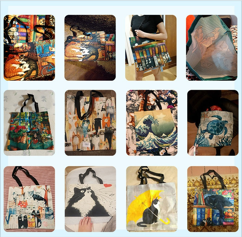 Foldable Portable Cute Cat-group Printed Handbag