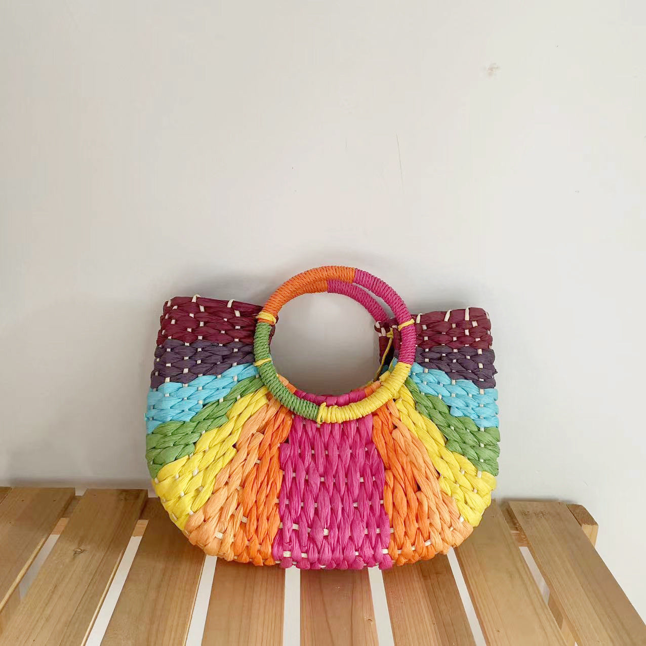 Color Contrast Moon Woven Straw Bag