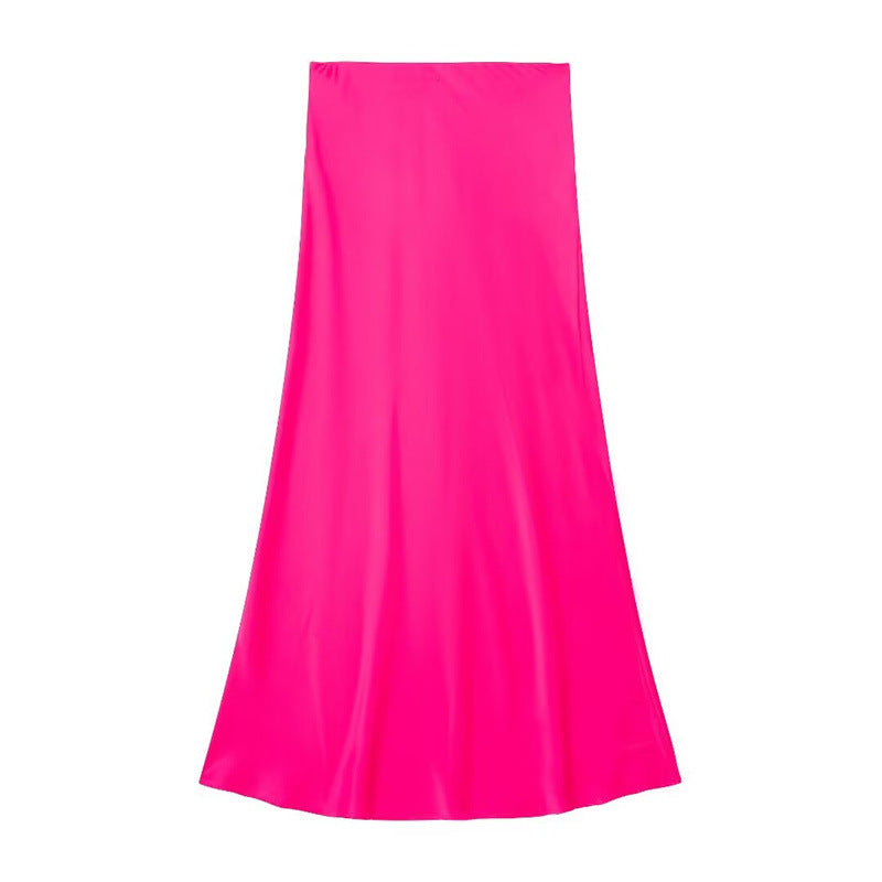 Solid Color Slim Silk Satin Texture Midi Skirt