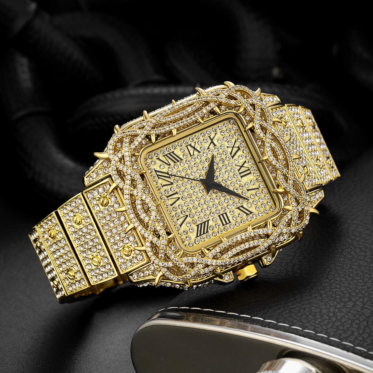 European Hip Hop Ice Watch Thorn Dial Inlaid Zircon Square Full Diamond Men's Quartz Watch