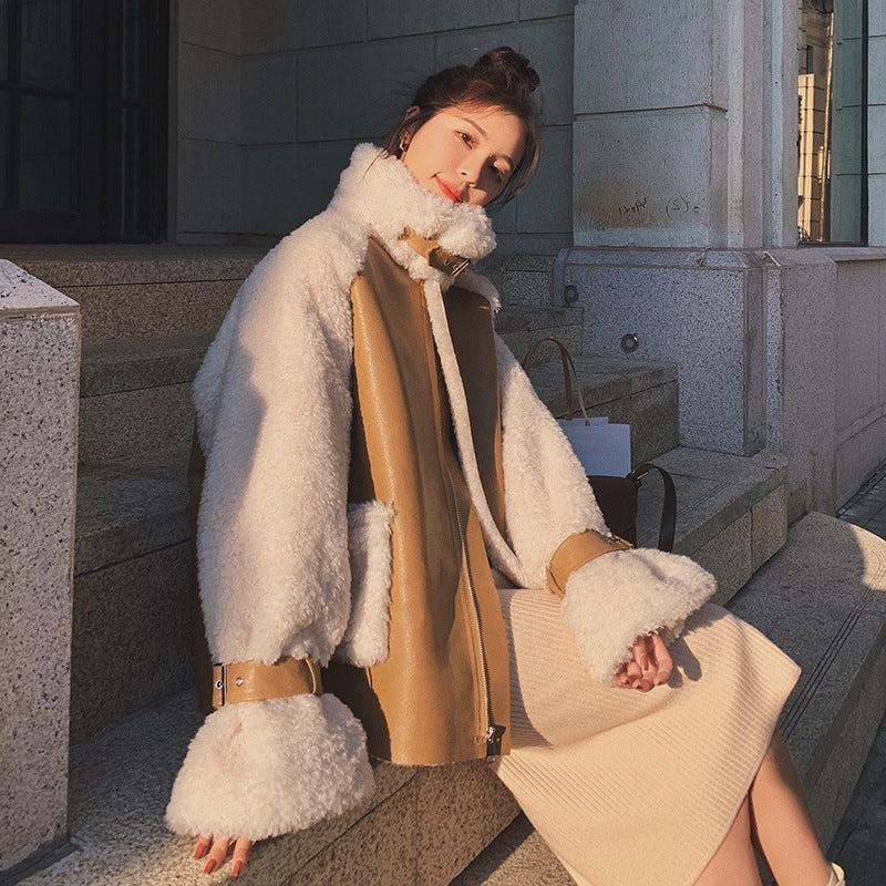 Mikhaki Stitching Lace-up Flared Sleeve Fur Coat