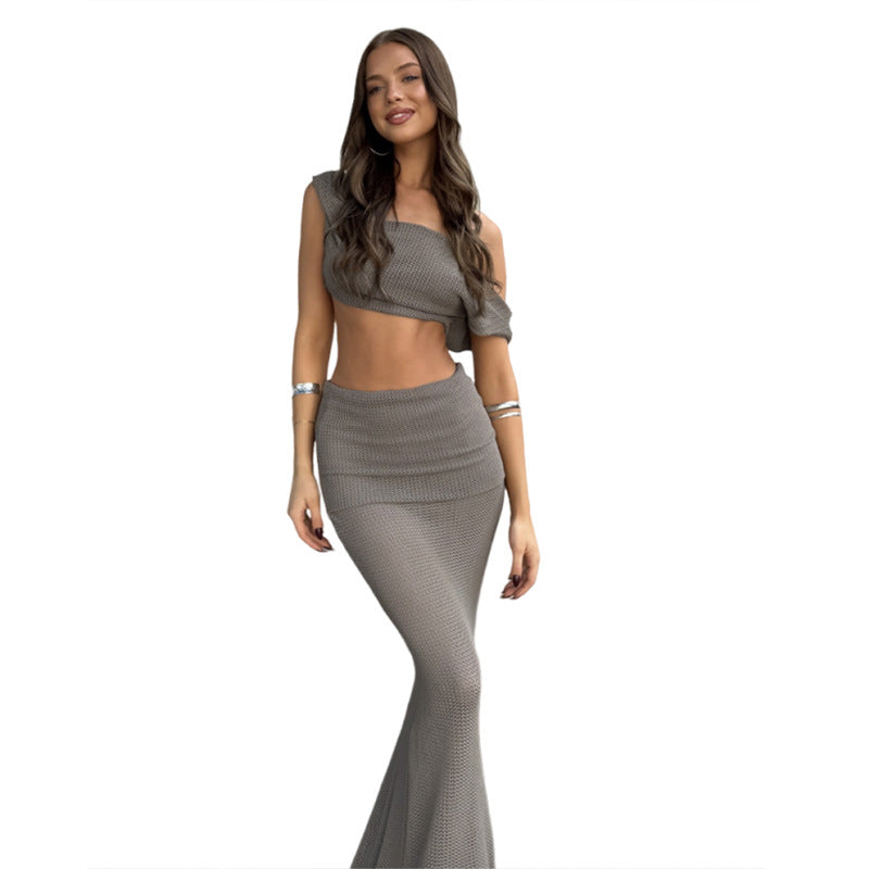 Womens Fashionable Sexy One-Shoulder Backless Solid-Color Bodycon Set For Women