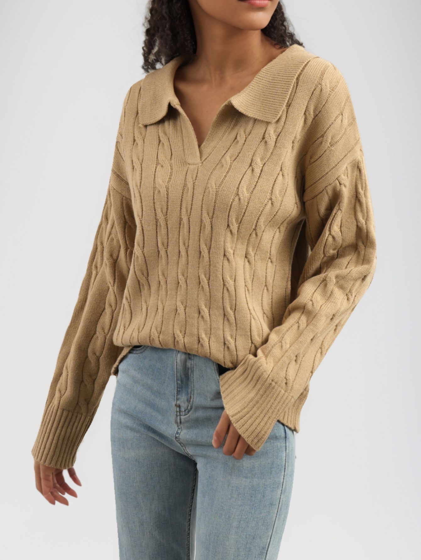 Autumn And Winter European And American Twisted Long Sleeve Lapel Twist V-neck Knitted Pullover