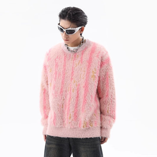 High Street Contrast Color Vertical Stripes Round Neck Autumn Winter Retro Lazy And Loose Mink-like Sweater
