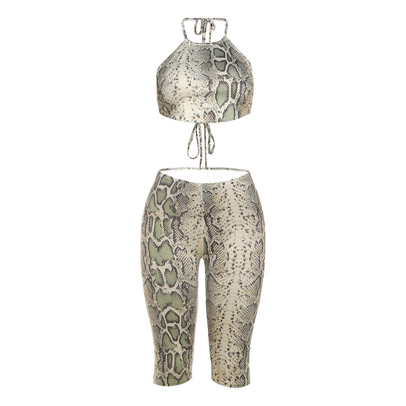 Womens Fashionable Printed Sexy Lace-Up Midriff-Baring Pants Set