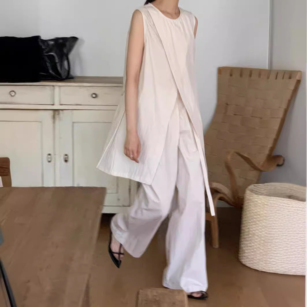Split Sleeveless Lace-up Top High Waist Wide Leg Pants Two-piece Set