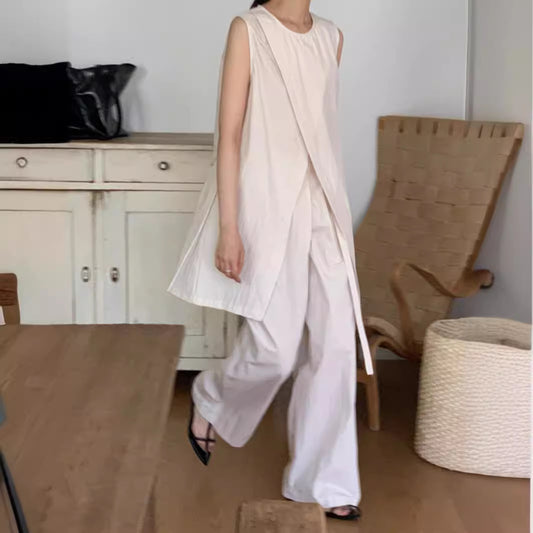 Split Sleeveless Lace-up Top High Waist Wide Leg Pants Two-piece Set
