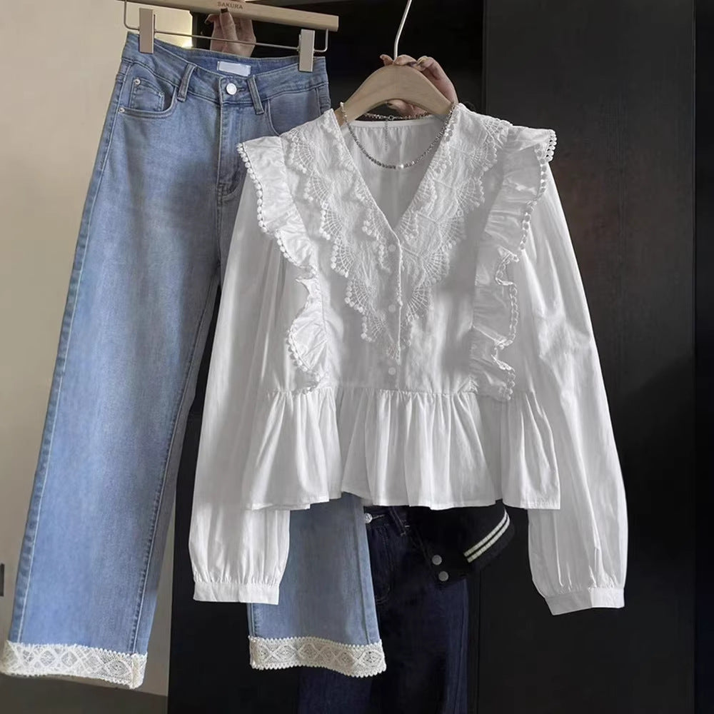 Womens Casual Solid-Color Lace-Patchwork Ruffle-Trim Long-Sleeve Top