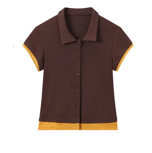 Womens Niche Coffee-Colored Contrast Polo-Neck Short-Sleeve Top