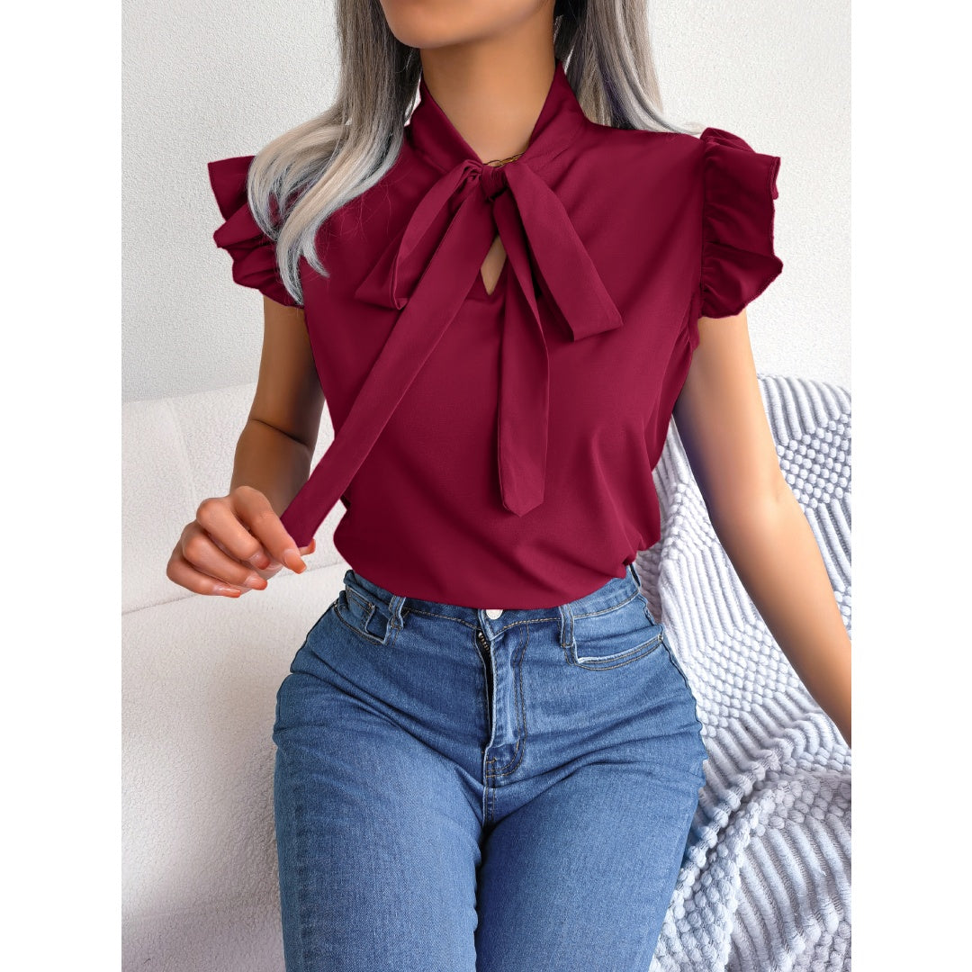 Women  Elegant Commute Ruffle Trim Tie Bow Chiffon Top