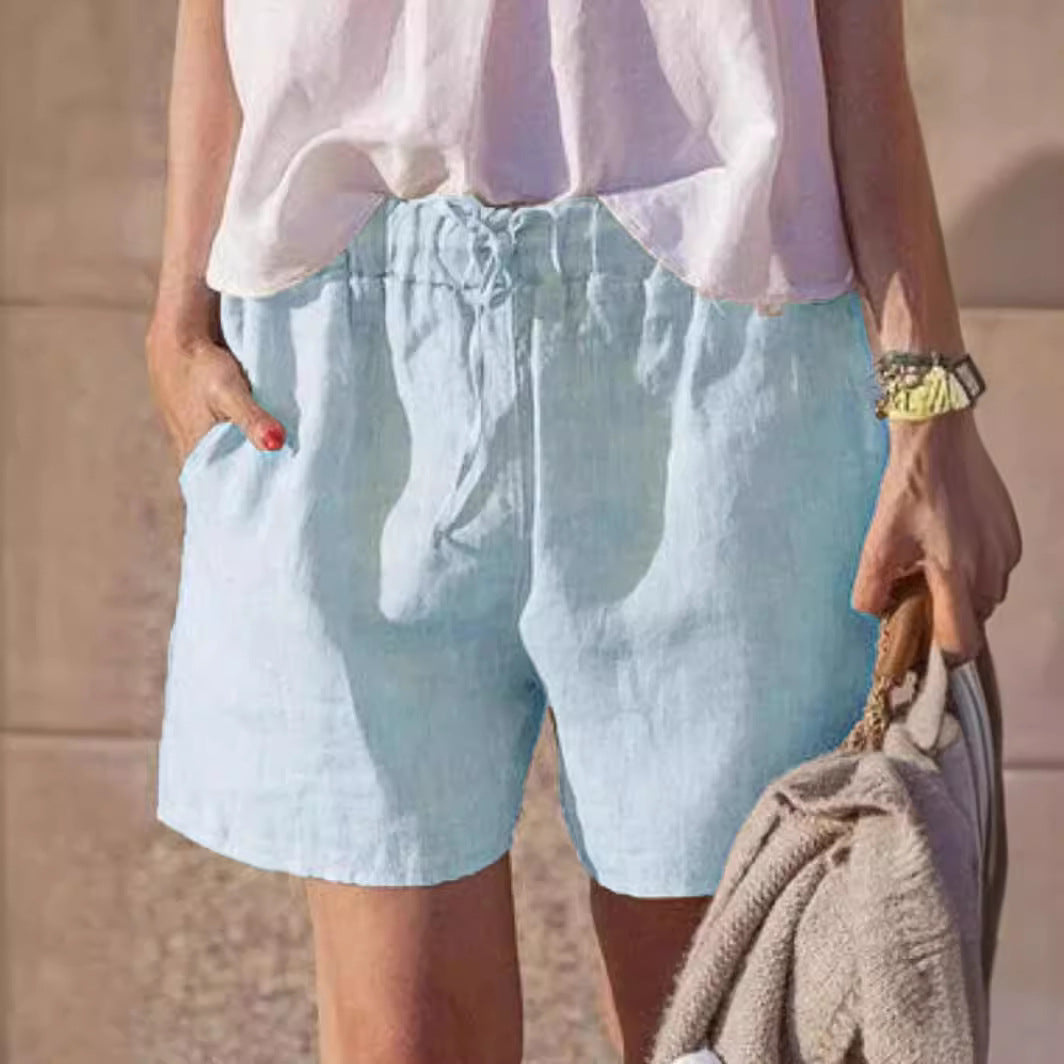 Solid-color Loose Cotton-linen Casual Pants Elastic Waistband With Tie-string Shorts