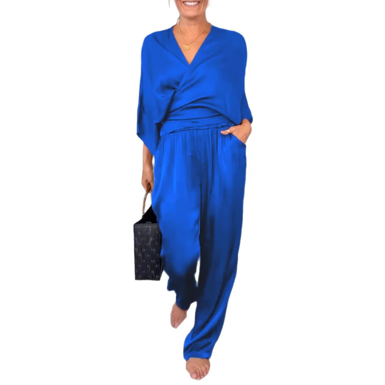 Womens Solid Color Satin Short Sleeve Top And Pants Set For Women