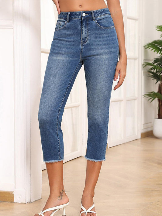 Nye Moderigtige Slim Fit Damejeans med Rå Kanter, Enkle og Alsidige Capri Bukser