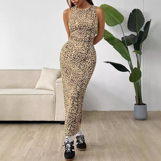 Long-sleeve Crew-neck Fashionable Leopard-print Knitted Sleeveless Bodycon Dress