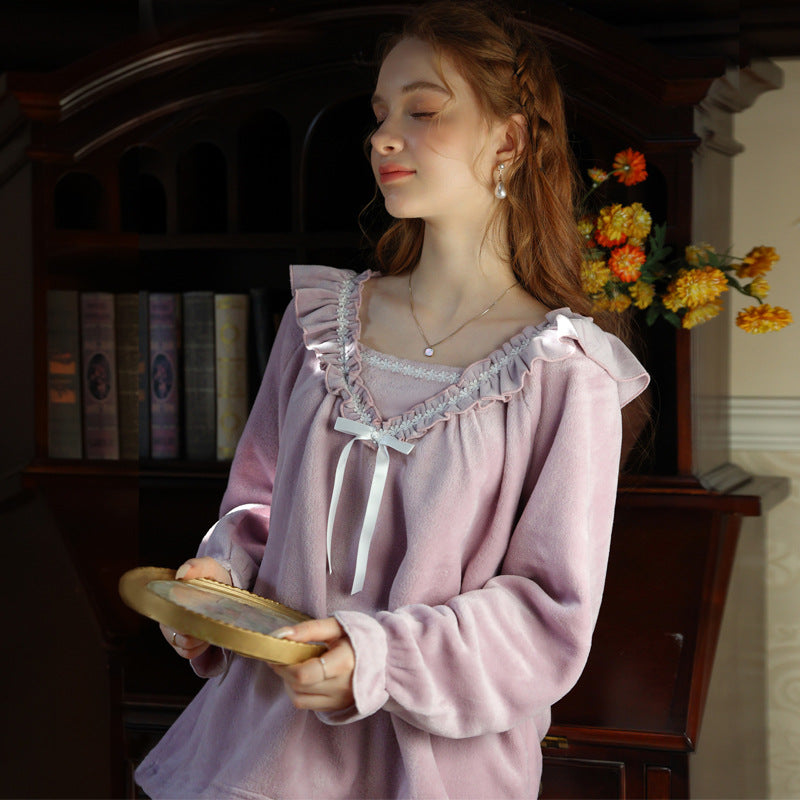 AutumnWinter Princess-Style Fleece-Lined Extra-Thick Pajama Set