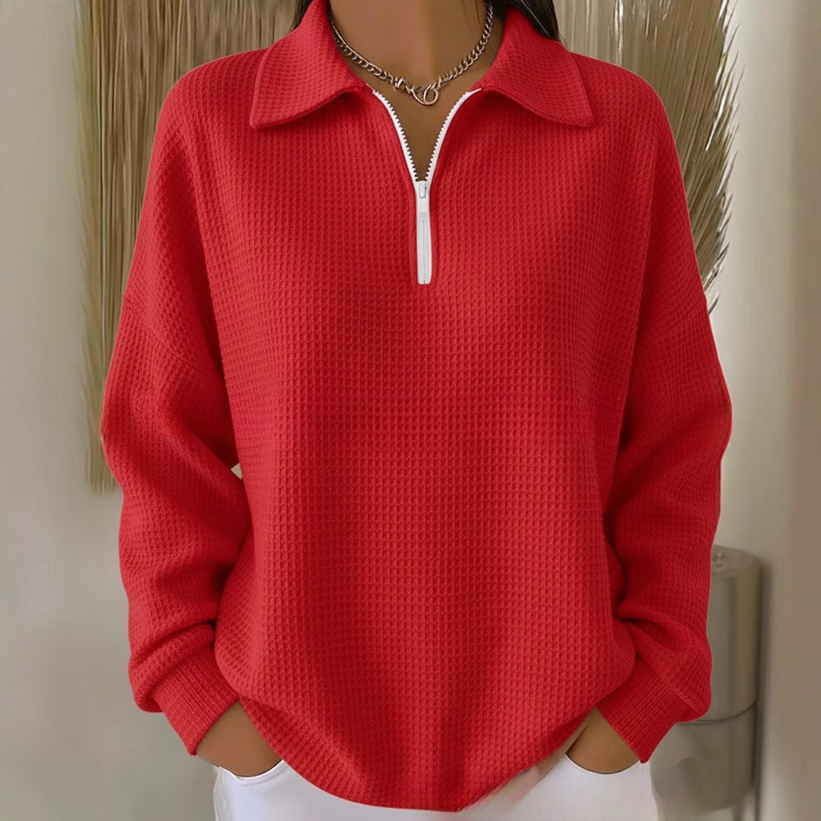 Turn-down Collar Pullover Drop Shoulder Half-zip Waffle Long Sleeve Women's POLO Top
