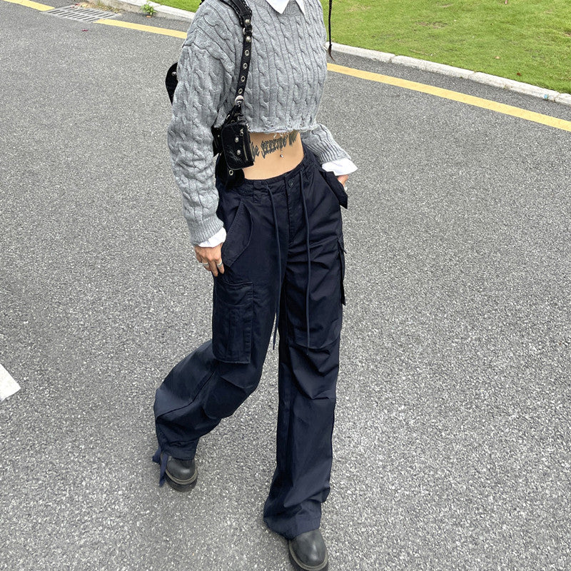 Street Drawstring Work Casual Pants With Loose Pockets