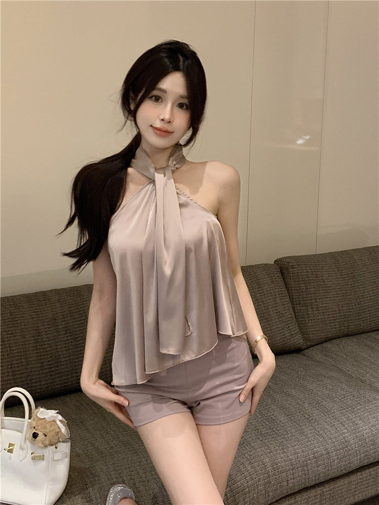 Halterneck Satin Slip Neck Sleeveless Tank Top