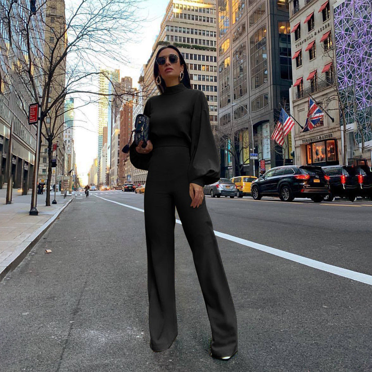 Women's Casual Pants Solid Color Turtleneck Backless Long Sleeve Jumpsuit