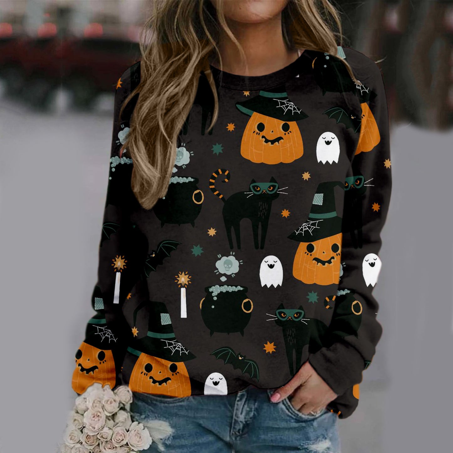 Halloween kvinders trykte behagelige langærmede sweater med rund hals