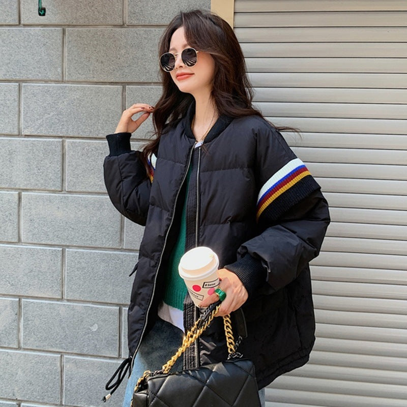 Loose Contrast Knit Striped Panel Down Jacket