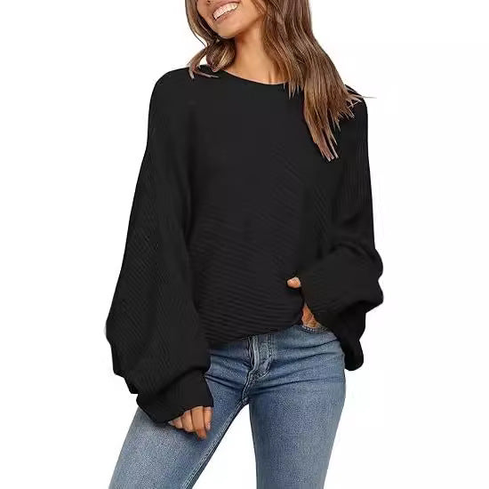 Round Neck Solid Color Loose Sweater Top Leisure Pullover