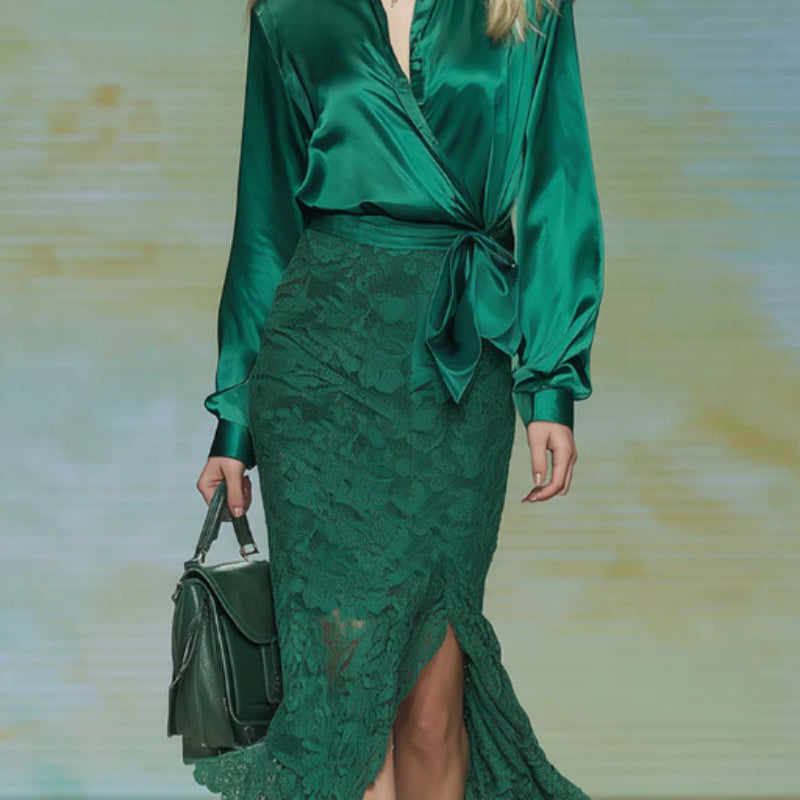 Stylish And Elegant Green Satin Blouse And Lace Skirt Set