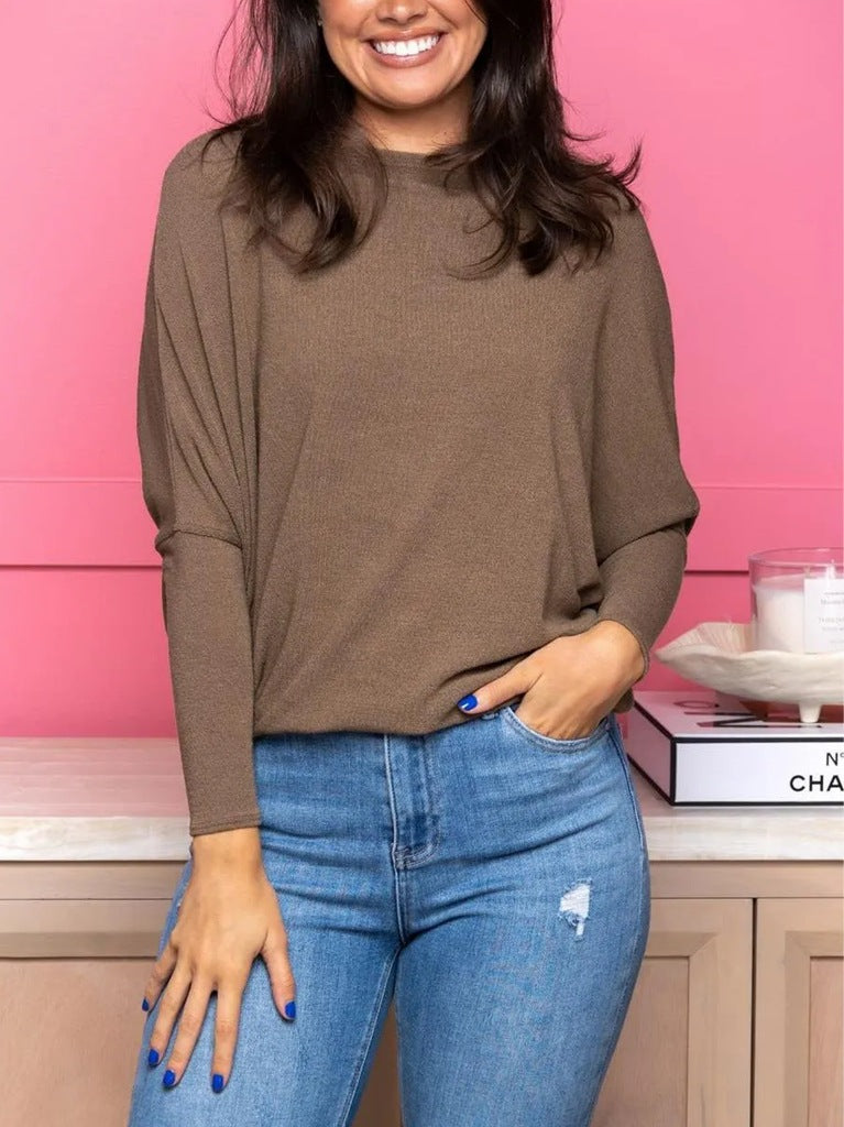 Plus Size Casual Ensfarvet Rundhalset Flagermusærme Høj Elastisk Sweater