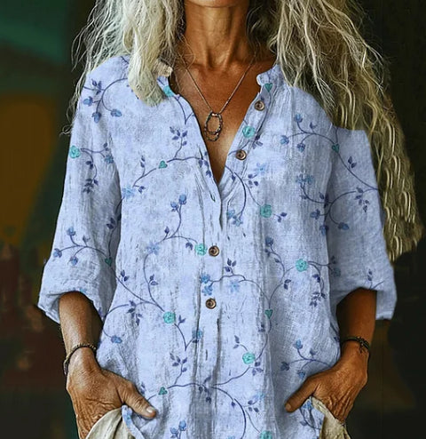 Women's Vintage Floral Art Print Cotton-Linen Casual Shirt