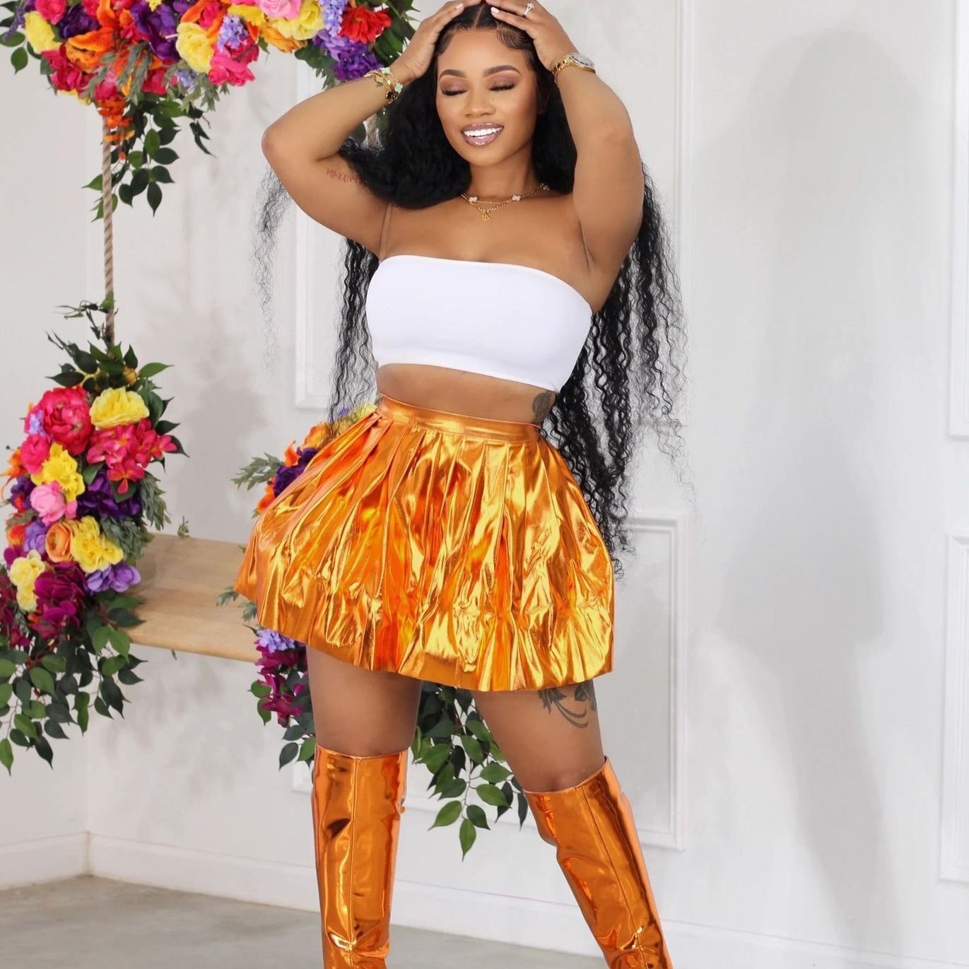 Fashion Ice Silk Bronzing Pleated Skirt