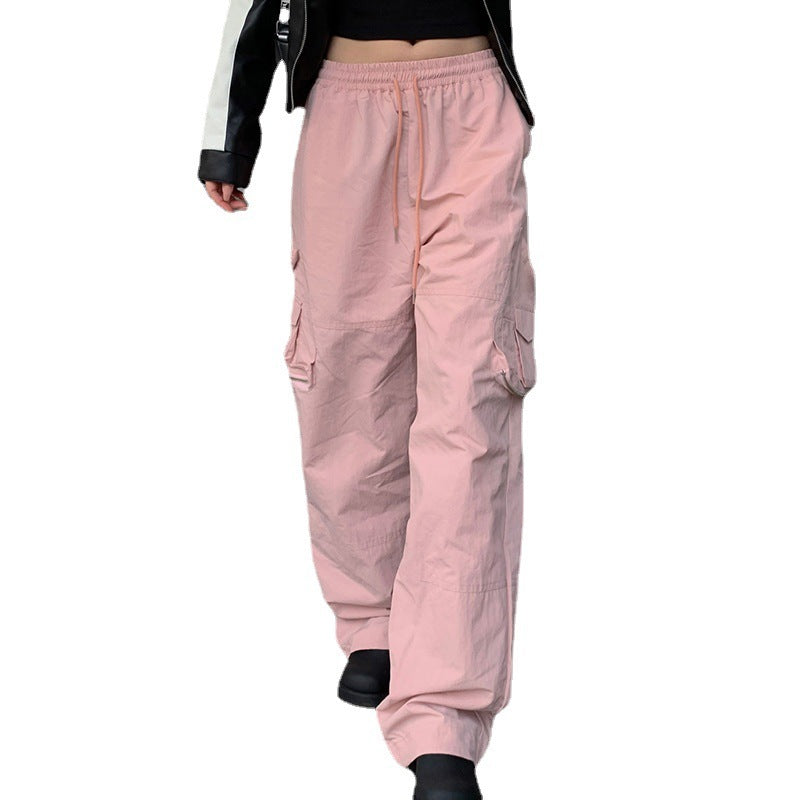 American Street Three-dimensional Pocket Elastic Waist Tie Cargo Pants