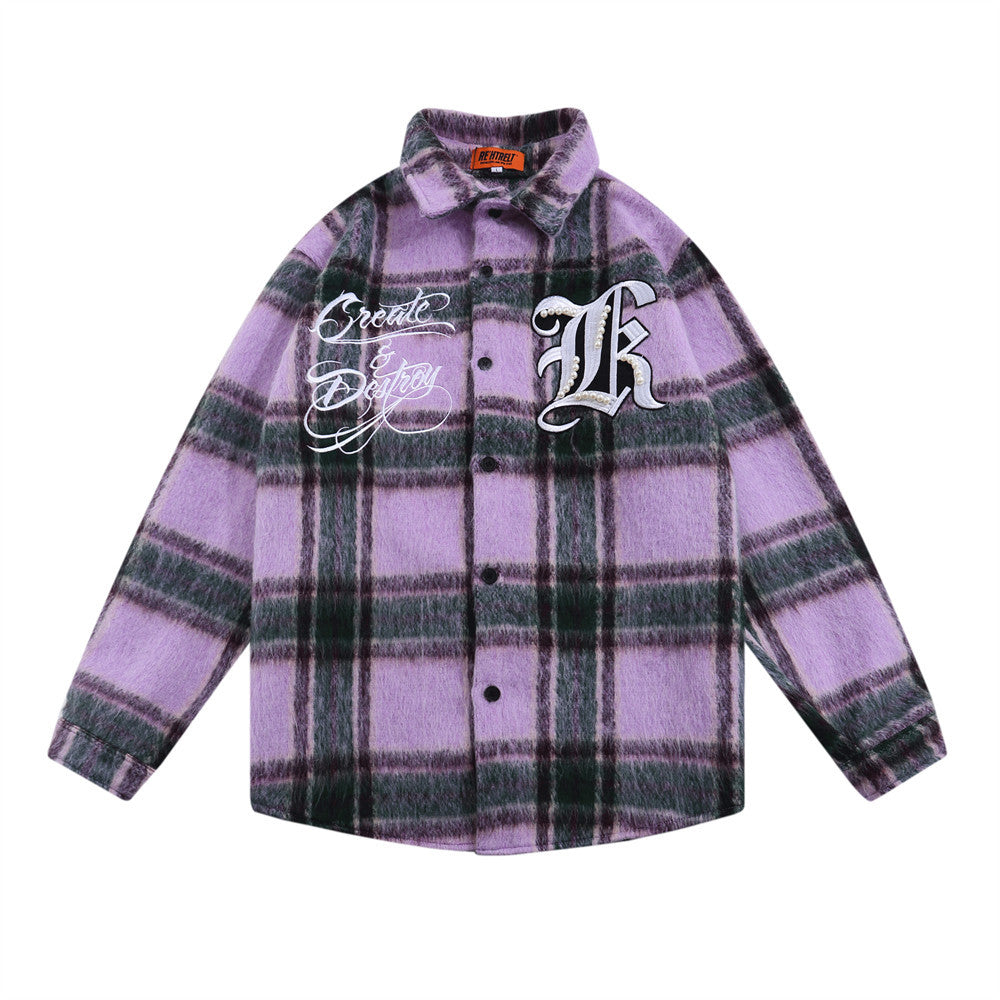 Embroidered Letter Color Matching Plaid Woolen Shirt