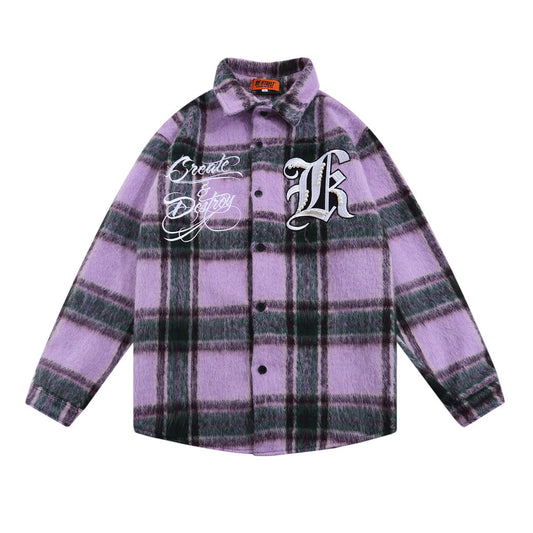 Embroidered Letter Color Matching Plaid Woolen Shirt