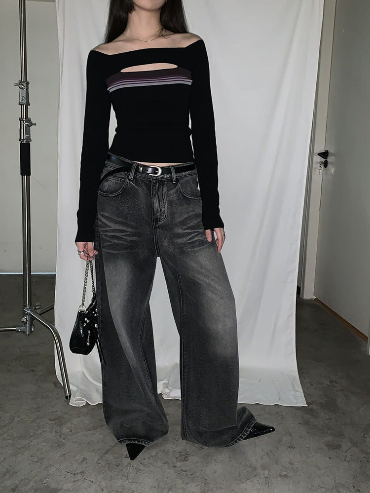 Gamle retro-vaskede højtaljede casual jeans med brede ben