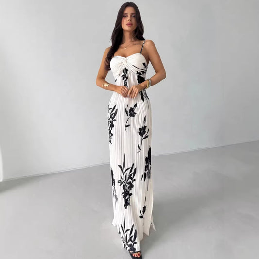 Printed High-waisted Figure-flattering Draped Sexy Dress