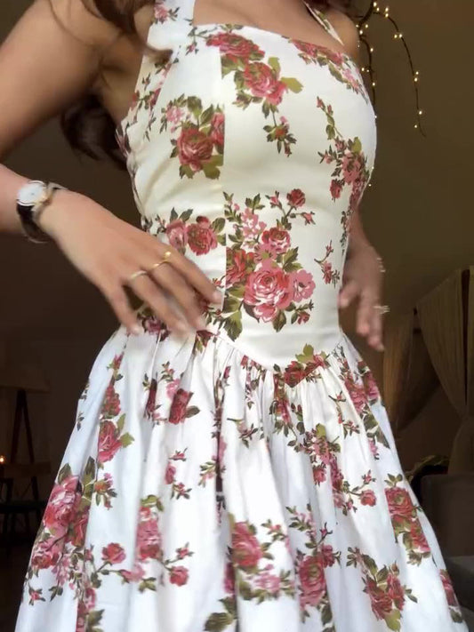 White Red Rose Print Halter Neck Waist-Cinched Midi Dress