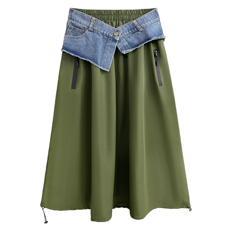 Women's American-style Color Contrast Patchwork Denim Skirt