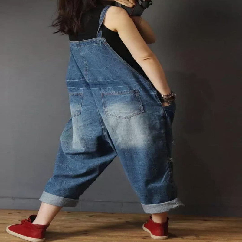 Women's Spring And Summer New Retro Print Denim Overalls