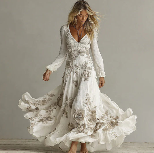 Retro Bohemian Rose Embroidered Linen Loose-Fit Long Dress